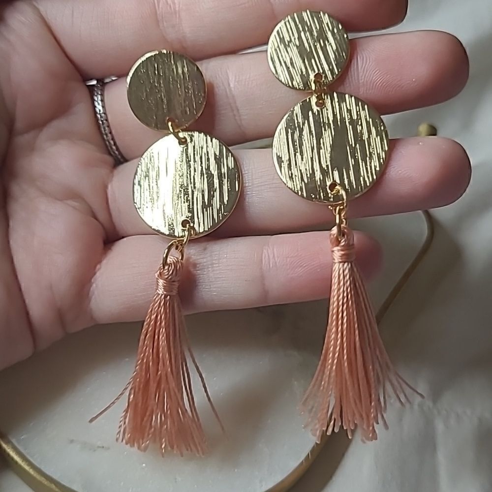 Pink Fringe Tassel Earring circle Pendant in Gold Alloy